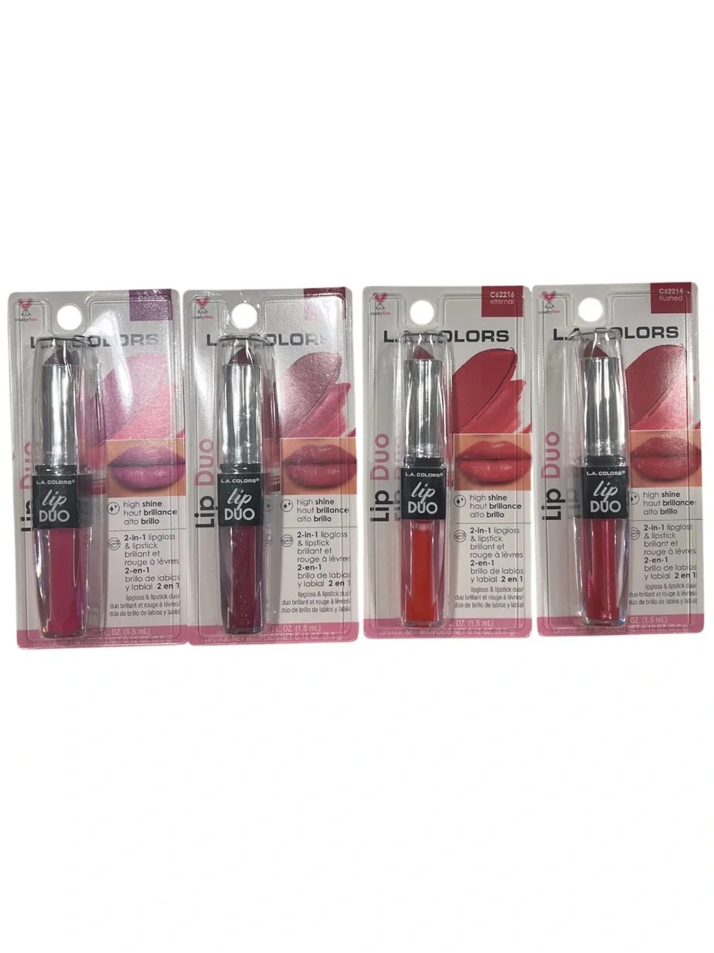 LA Colors Bundle 4 Lip Duo Lipstick & Gloss Vibe Charmed Eternally Flushed New